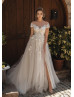 Short Sleeves Beaded Ivory Lace Tulle Slit Floral Wedding Dress
